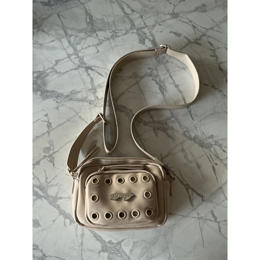 Ed Hardy Crossbody Bag Cream Beige Grommet Y2K Shoulder Purse Adjustable Strap